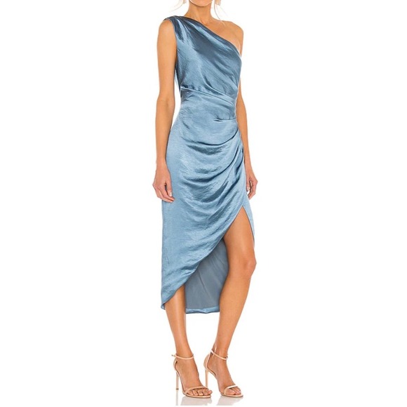 Elliatt XL One Shoulder High Slit Satin Cassini Dress in Baby Blue - Picture 2 of 16